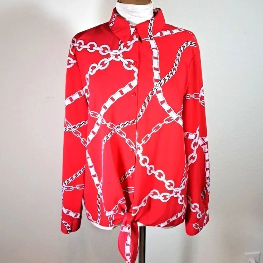 Susan Graver Women’s Size 10 Blouse Red White Chain Print Long Sleeve Top Tie Up
